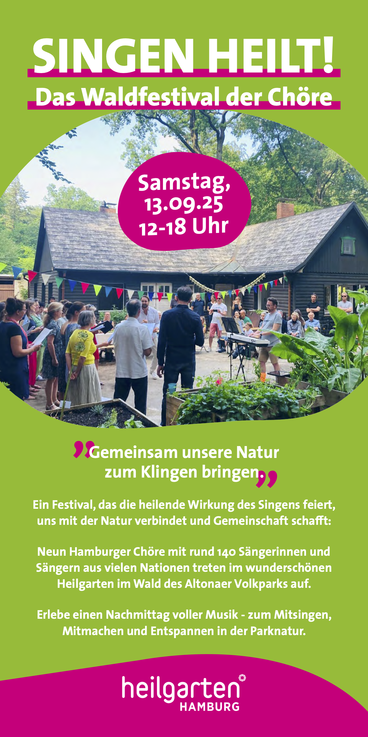 Waldfestival „Singen heilt“ im Heilgarten Hamburg am 13.09.2025 von 12–18 Uhr, mit neun verschiedenen Chören