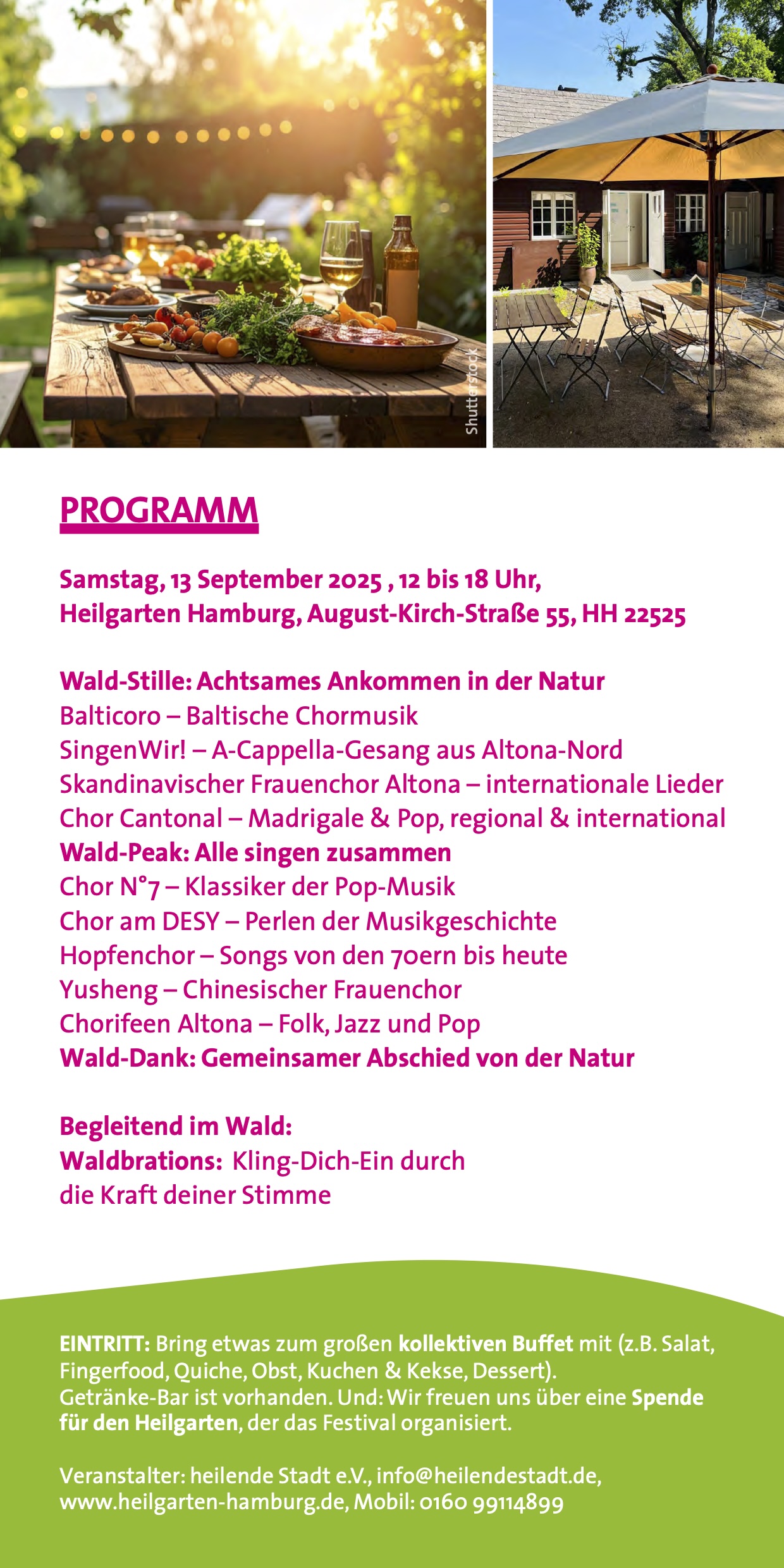Programm des Waldfestivals der Chöre: Balticoro, SingenWir!, Skandinavischer Frauenchor Altona, Chor Cantonal, Wald-Peak, Chor N°7, Chor am DESY, Hopfenchor, Yusheng und Chorifeen Altona